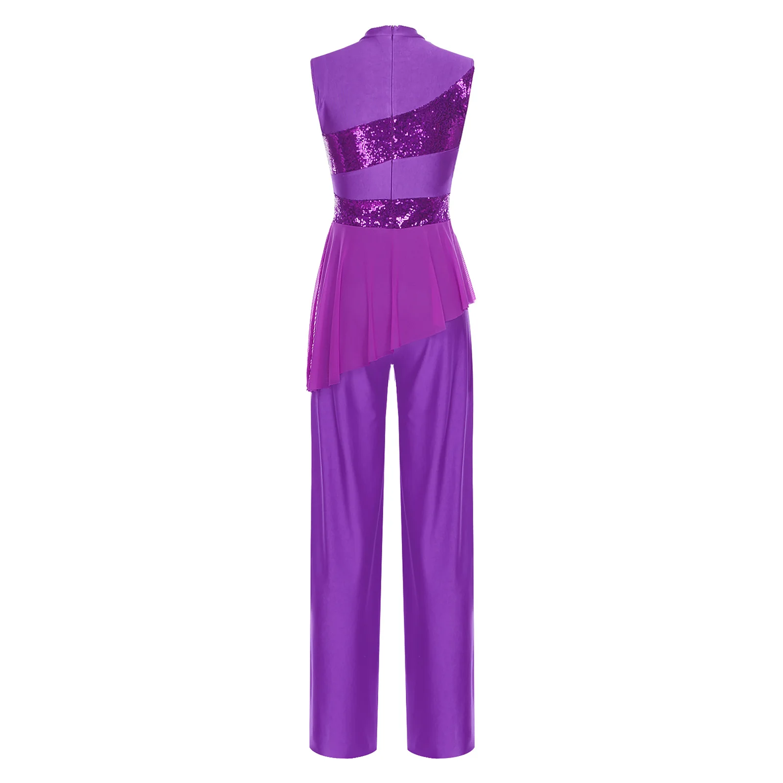 Mono elegante para mujer, vestido sin mangas con corpiño de lentejuelas, superposición de malla asimétrica a la moda con dobladillo acampanado, Ropa de baile