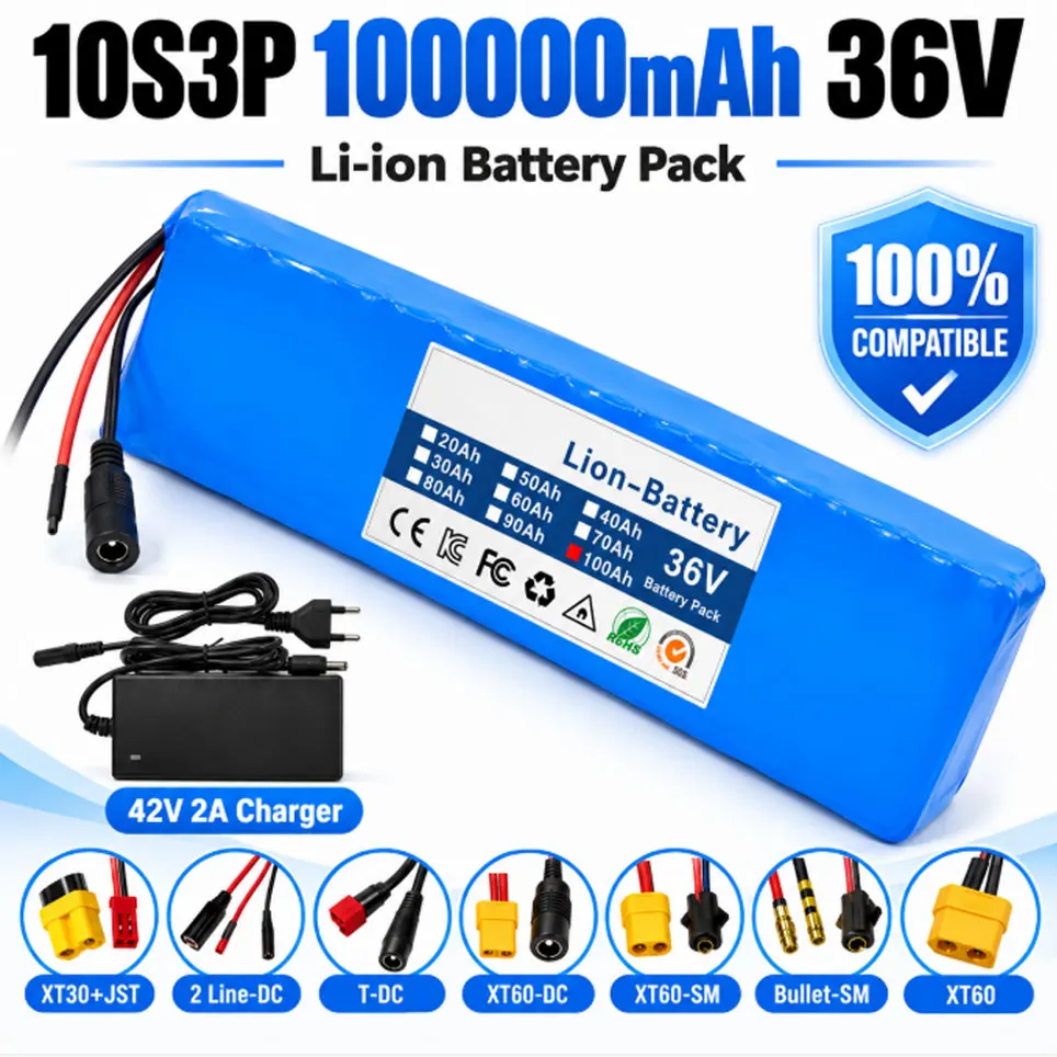 Batteria al litio 18650 36V 100000mAh 10S3P aggiornata 2026 per monopattino elettrico 500W con BMS e caricabatterie 42V