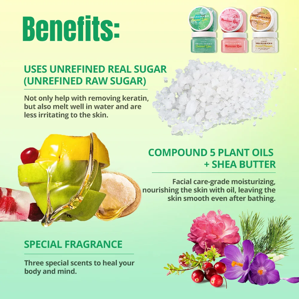 12 szt./pudełko Peeling do ciała z masłem shea i cukrem, owocowy, głęboko oczyszczający, wygładzający, złuszczający, unikający przebarwień, polujący, zmiękczający, odżywiający i nawilżający.