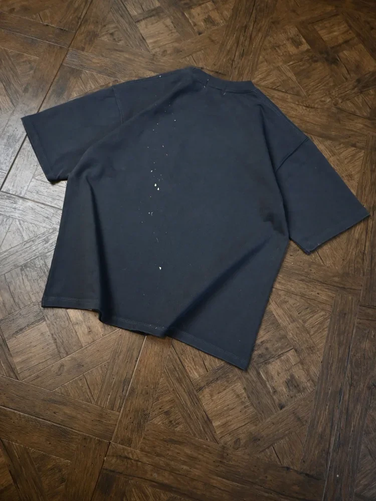 

Heavy retro wash do old patch short sleeve splash ink half sleeve pocket tTee American thorn