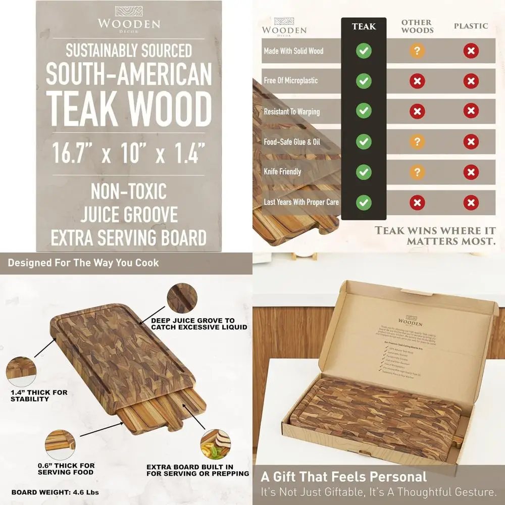 

Large Teak Wood Kitchen Cutting Board - Dual-Purpose Serving Tray & Charcuterie Board with Juice Groove, Food-Safe, Gift-Boxed,