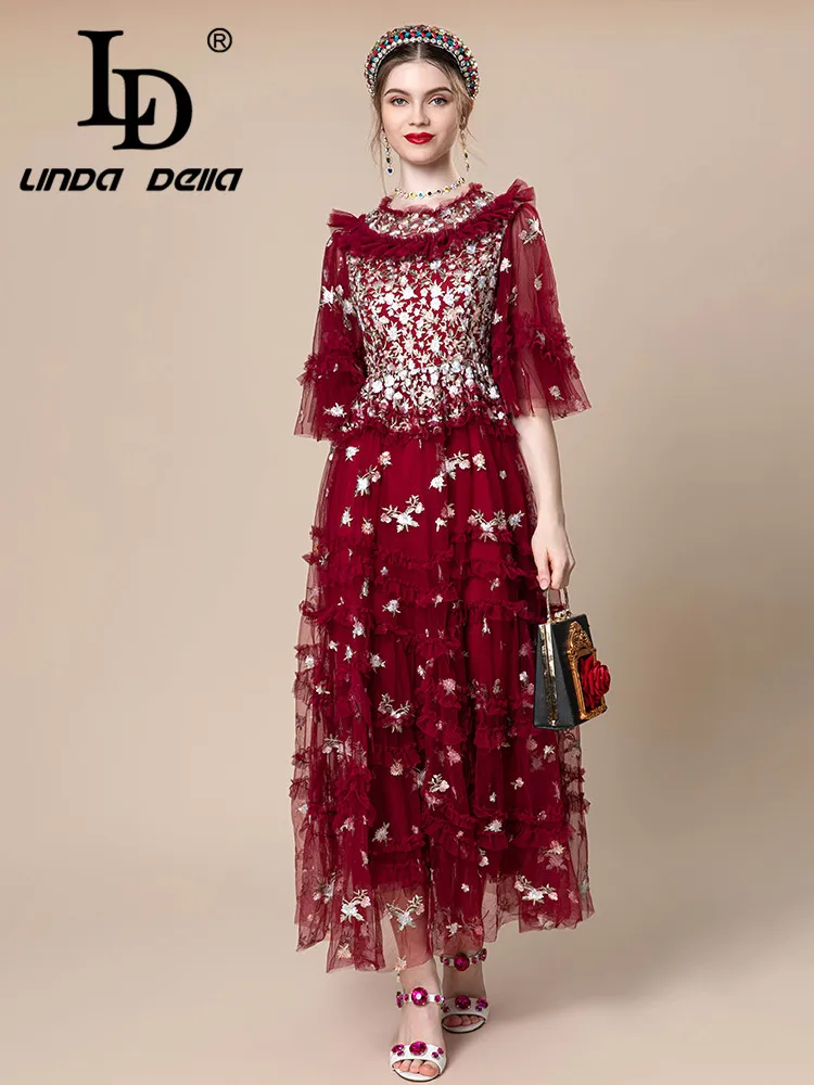 LD LINDA DELLA 2024 Summer luxury designer party Dresses Women's Flare Sleeve Embroidery Cascading Ruffle Irregularity Dress