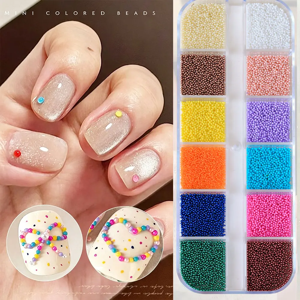 12Grids 3D  Dopamine Colorful Micro Caviar Nail Beads 0.8mm Colorful Mini Round Beads Nail Rhinestones Cute Nail Beads Charms D3