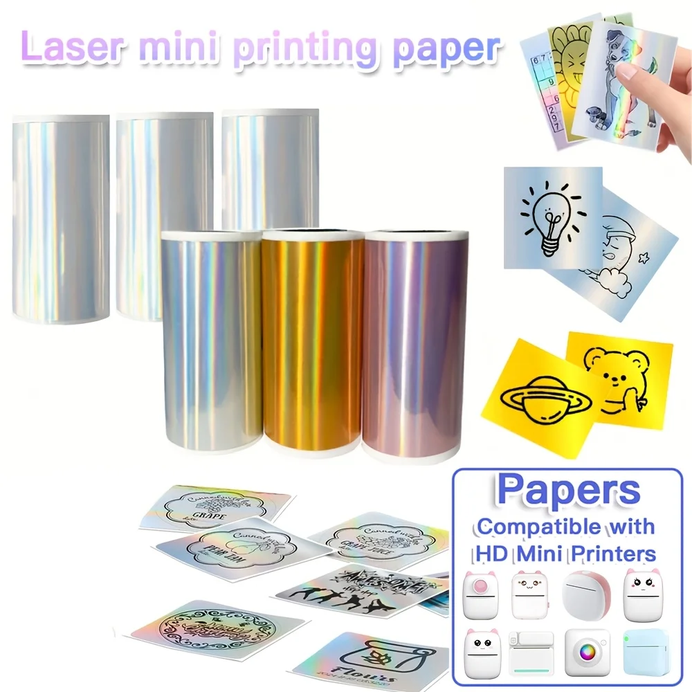 Golden/Silvery/Purple Holographic Continuous Thermal Stickers Fit Mini Portable Printers Printing Holiday Parties/Gift Decor/DIY