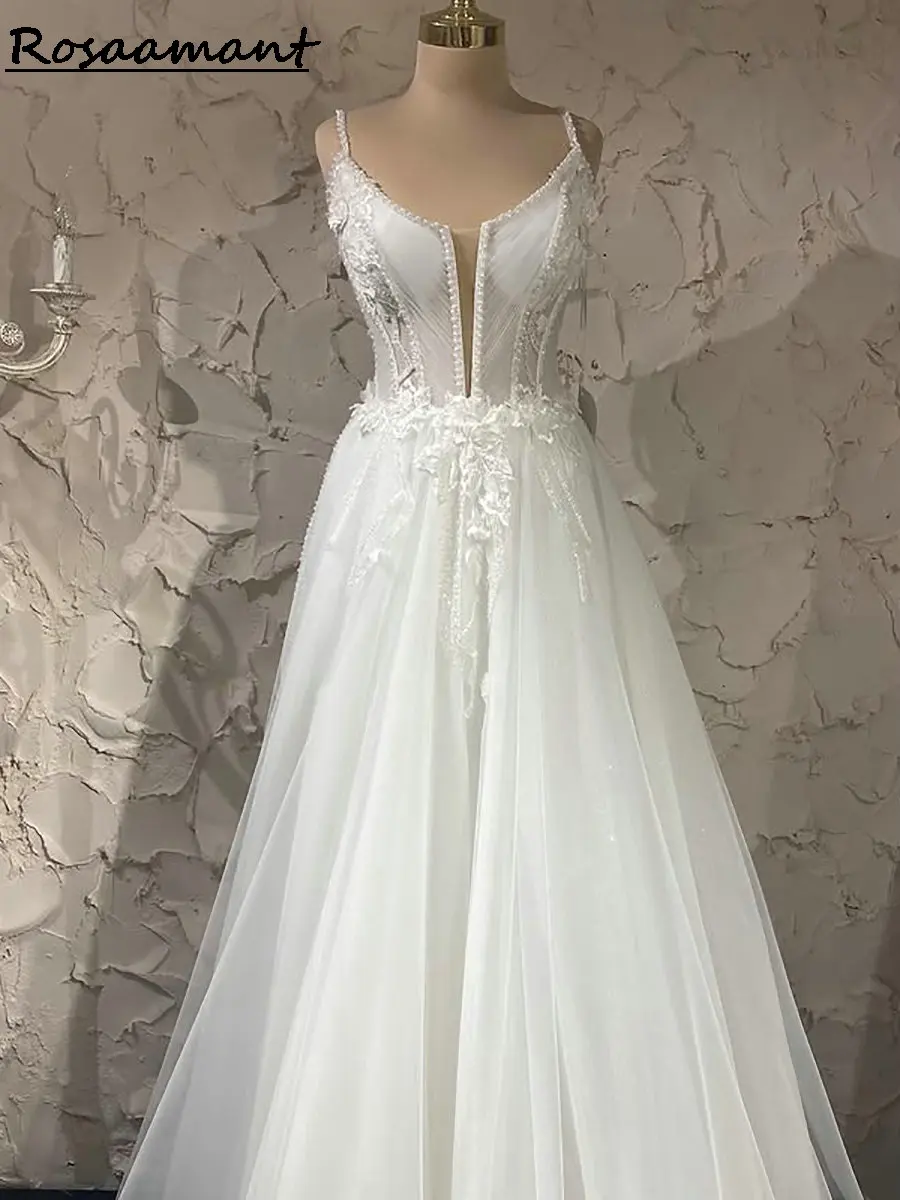 

Simple Spaghetti Straps Sleeveless A-Line Wedding Dresses Beading Pearls Appliques Lace Country Bridal Gowns