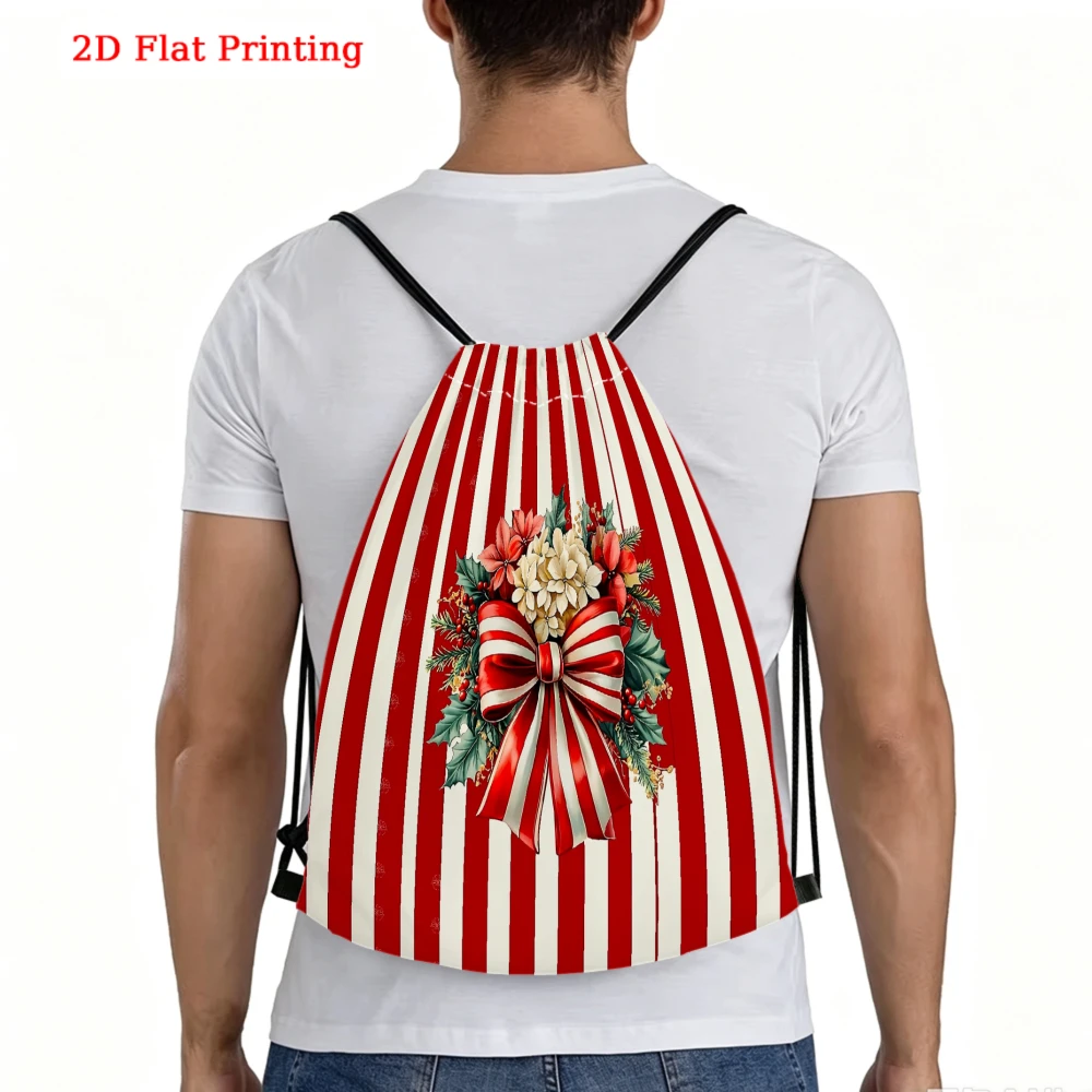 Casual 2D Printed Red White Striped Floral Bow Drawstring Backpack for Sports Outdoor Travel