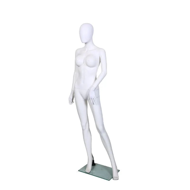 Female full body model spray paint matte white plastic window clothing store display shelf big chest dummy model head human body