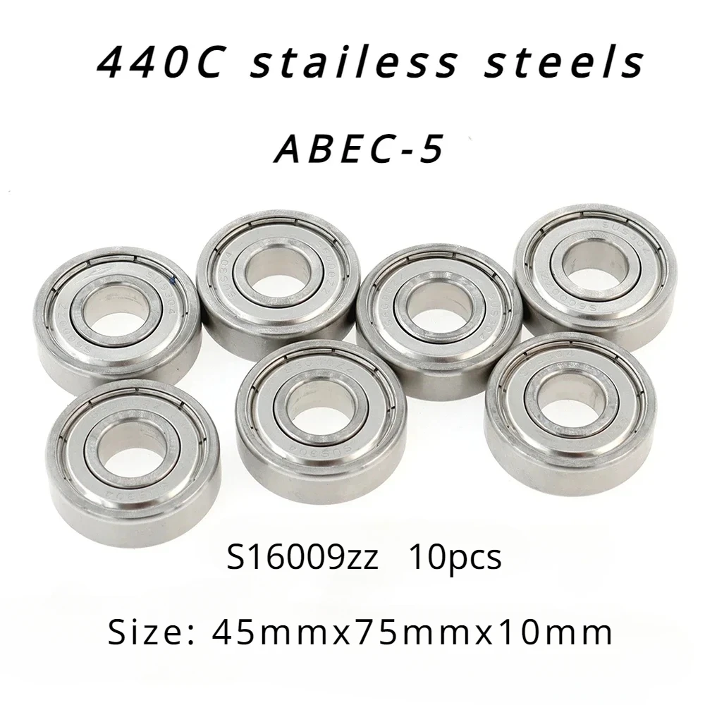 High Performance 440C Stainless Steel ABEC-5 Deep Groove Ball Bearings - S16009zz of 10pcs. Size:45mmx75mmx10mm