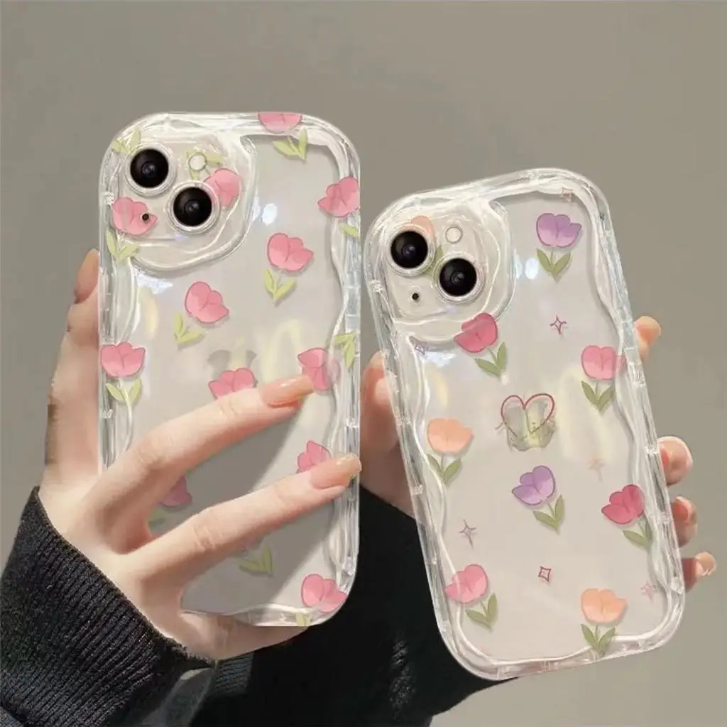 Small Floral Print Phone Case for Iphone 15 Pro Max 11 12 13 14 Pro Max 7 8 Plus XR XS X 13 Mini Cover Clear 3D Wave Edge Funda