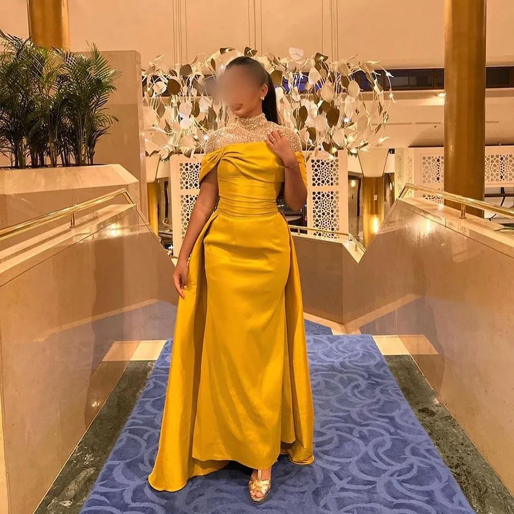 

Msikoods Yellow Satin Evening Dreses Saudi Arabic Cap Shoulder Beads Stone Prom Dress Party Formal Gowns robes de soirée