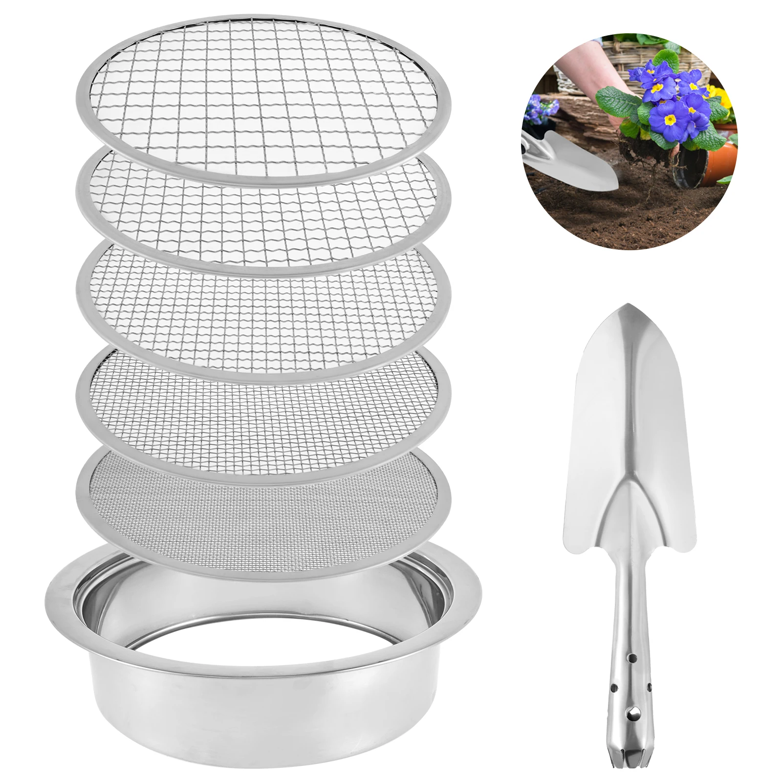 Conjunto de malha de peneiras de solo, 7 peças, aço inoxidável, filtragem de pedra de solo de jardim com pá, conjunto de peneira de enigma de 9.45 polegadas de diâmetro