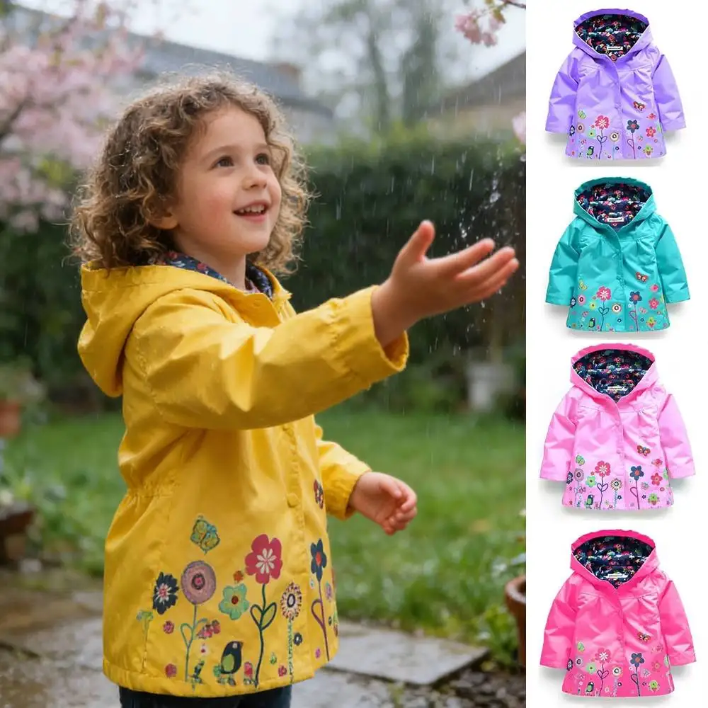 Frühlings-Regenjacke für Mädchen mit Langen Ärmeln, Blumenmuster und Kapuze, Winddichte Winterjacke für Kleinkinder und Jungen, Lässige Kinderbekleidung