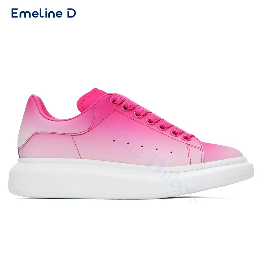 Pink and White Gradient Thick-Soled Lace-Up Shoes Round Toe and Comfortable Casual Shoes with Large Size and Fashionable Shoes