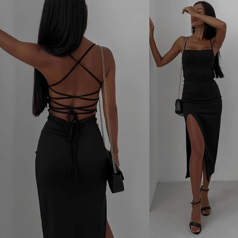 Fashion Sexy Split Dress Women New Summer Sleeveless Backless Bandage Slim Dresses Casual Streetwear Club Party Elegant Dresses