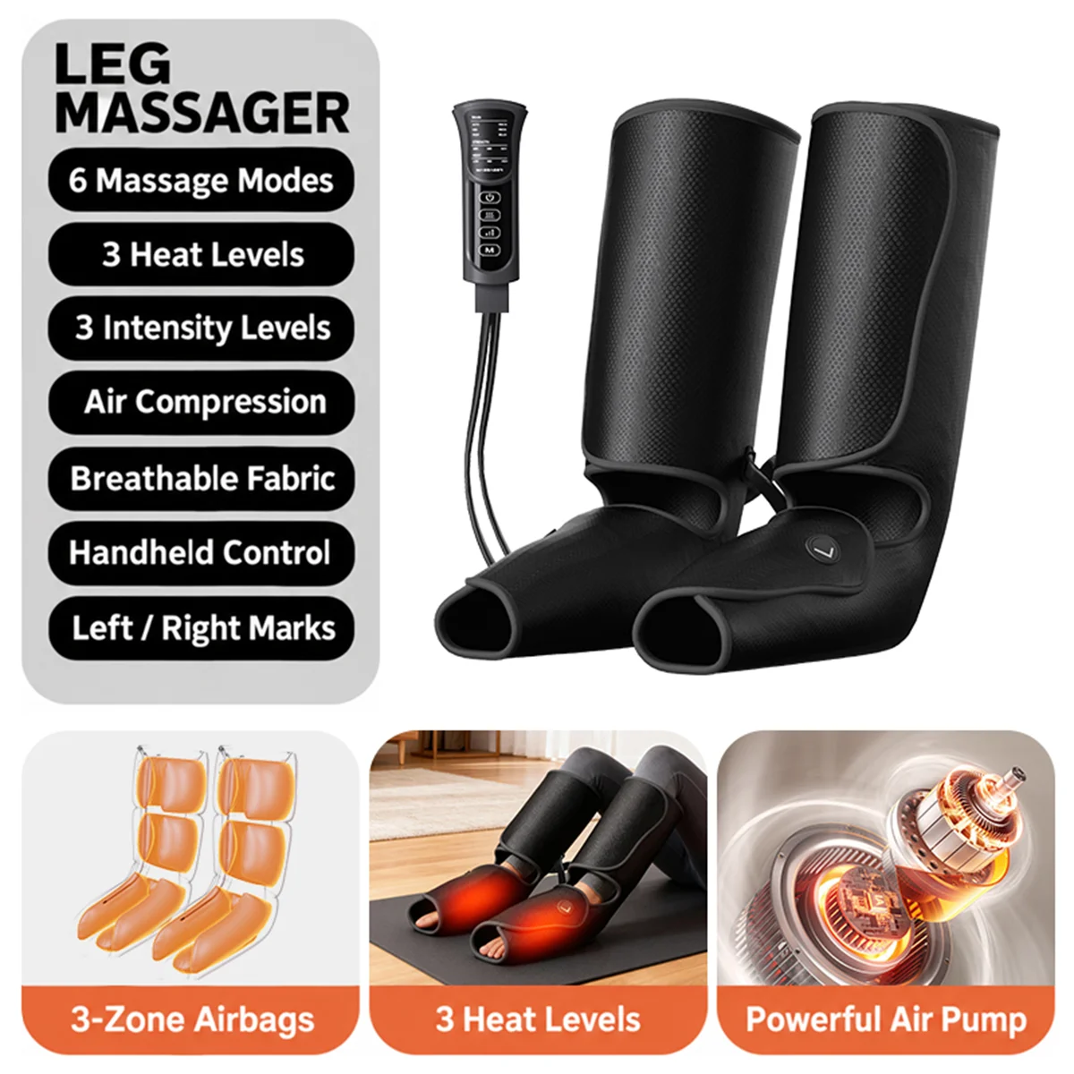 RFX-TB-03 Air Compression Leg and Foot Massager with Heat, 6 Modes, 3 Intensity Levels, 15-Min Timer, Handheld Controller