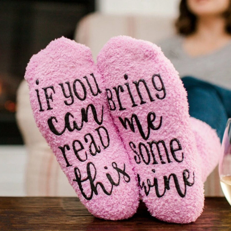 Women Winter Fuzzy Plush Slipper Crew Socks If You Can Read This Bring Me Some Wine Phrase Warm Hosiery Funny Gifts with Cupcake