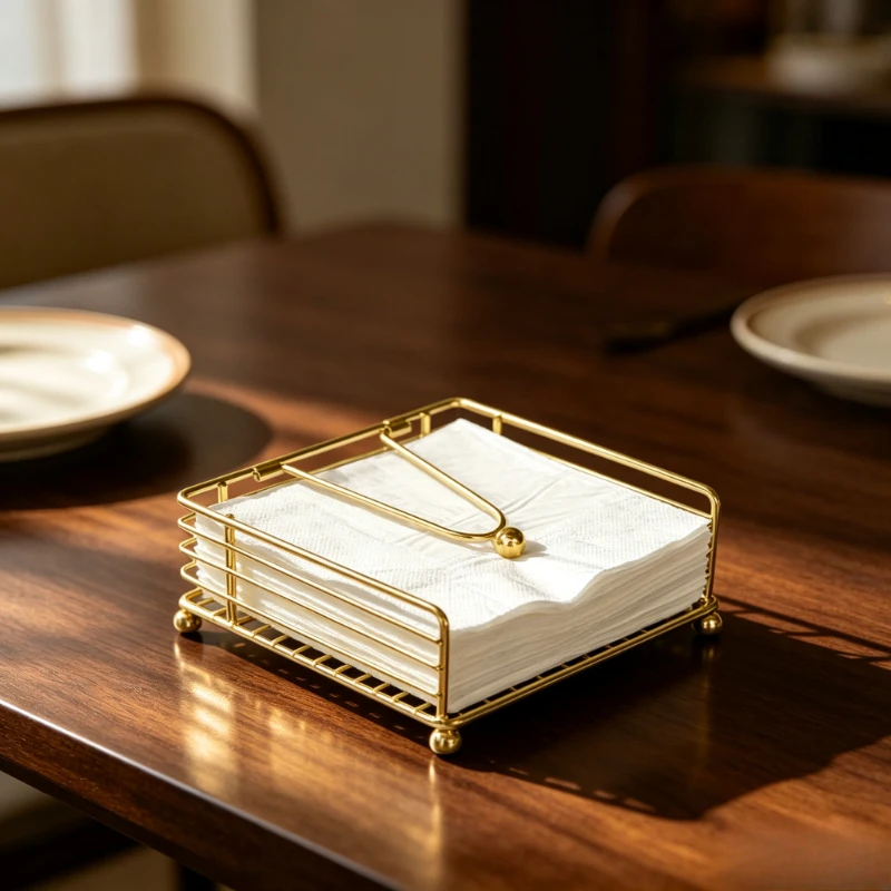 Iron Square Napkin Holder with Wooden Base Table Tissue Storage Rack for Hotel Cafe Restaurant Dining Table Decor