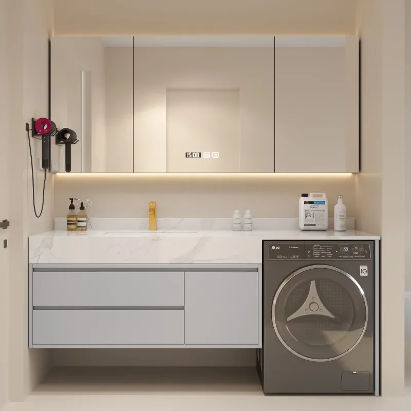 Slate Ceramic Laundry Cabinet with Integrated Sink Modern Bathroom Vanity Unit Washing Machine Storage Combo Light Luxury