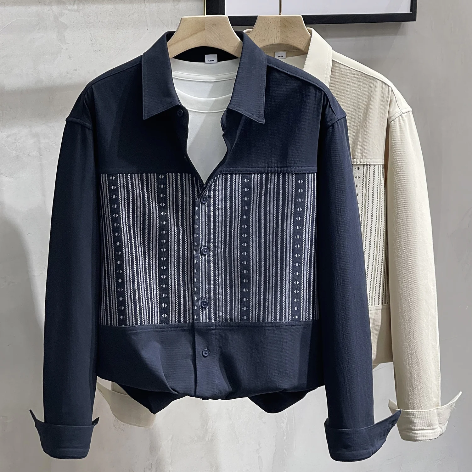 Men\'s Spring and Autumn Korean New Square Neck Shirt Fashion Stripe Contrast Coat Casual Button Panel Versatile Long Sleeve Tops