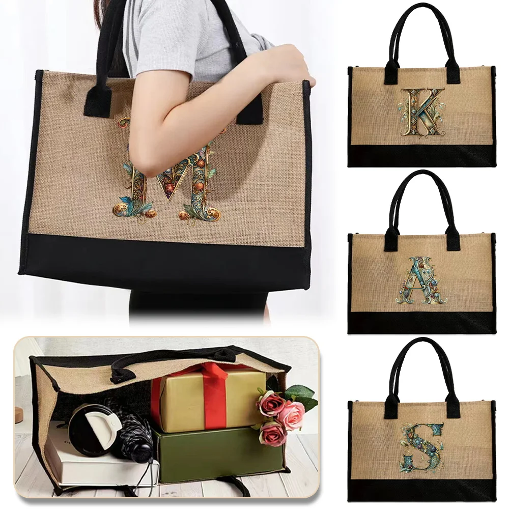 

Beach Bag Jute Shopper Bag Lightweight Handbag Portable Large Capacity Woven Shopping Grocery Organizer Graphic Letter Pattern