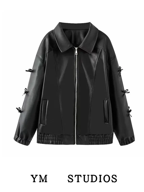 

Крутая кожаная куртка в американском стиле в стиле ретро, женская весенне-осенняя мотоциклетная элитная верхняя одежда с декором в виде узла