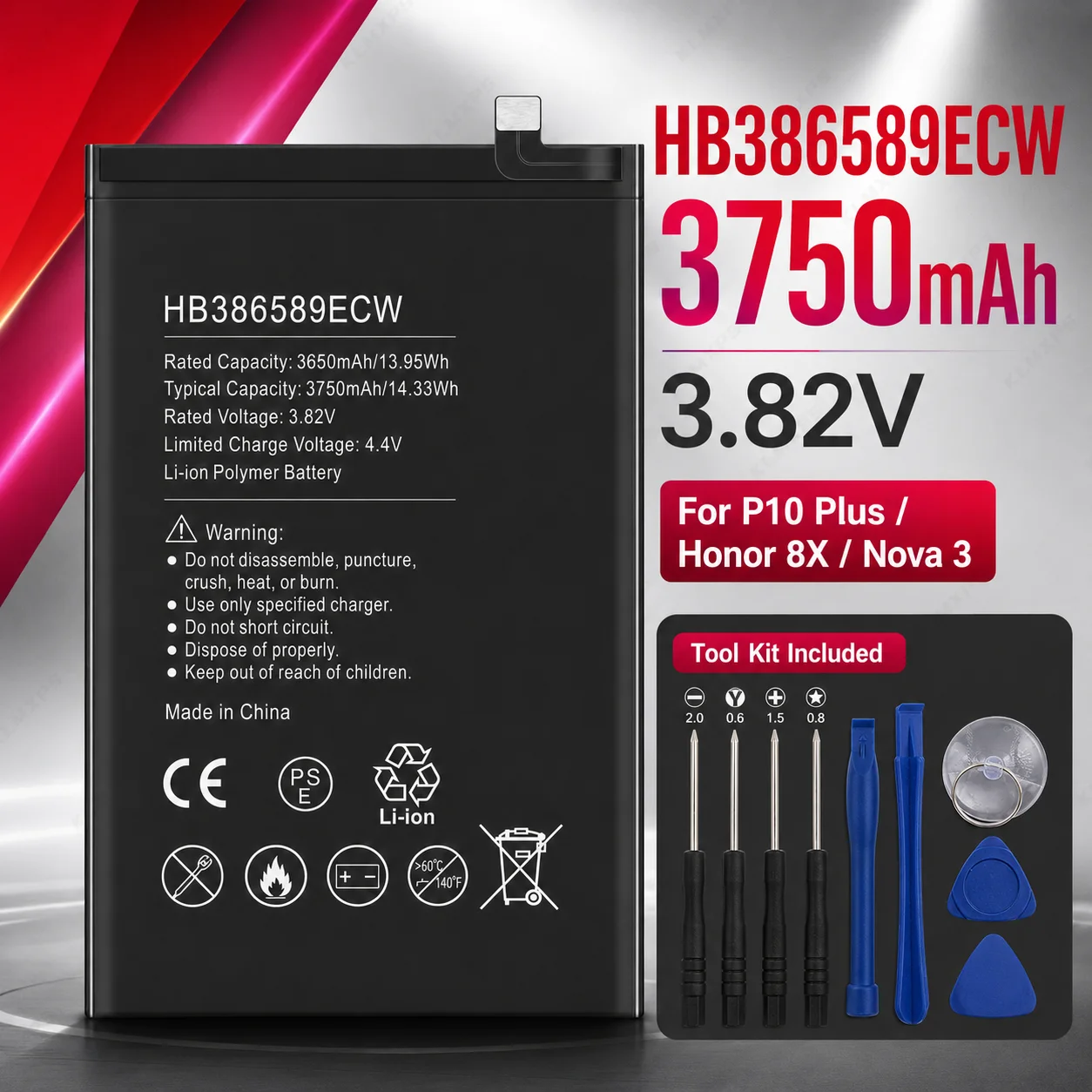 Replacement Phone Battery HB386589ECW 3750mAh for Huawei P10 Plus Honor 8X View 10 V10 Mate 20 Lite Nova 3 4 +Tools