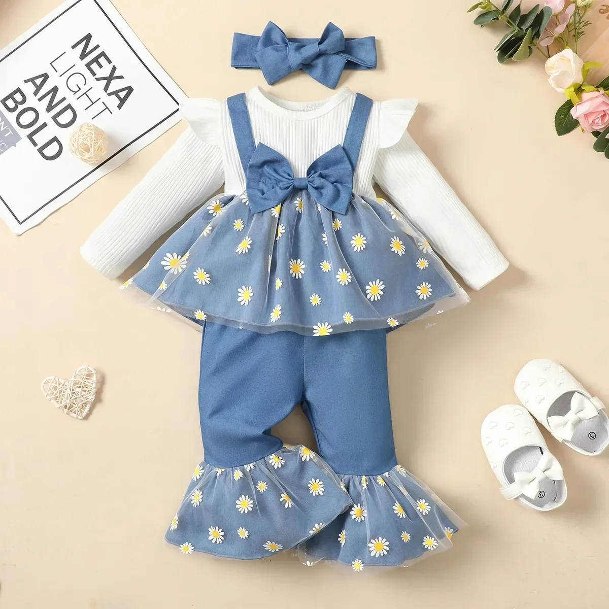 Newborn Baby Girls Clothing Set Infants Baby Girl Long Sleeved Bodysuit + Bow Tie Striped Pants + Headband 3PCS Baby Outfit