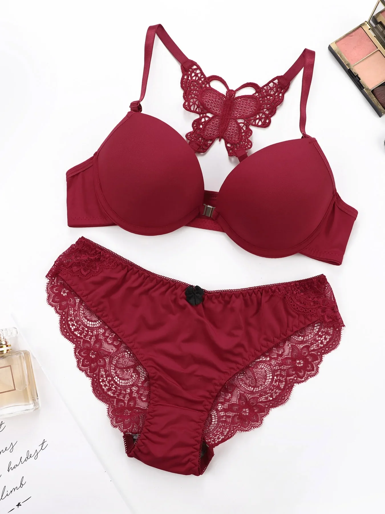 

Hot selling 2-piece set of sexy red front button braissere beautiful back butterfly fashion bra push up women's set A2120