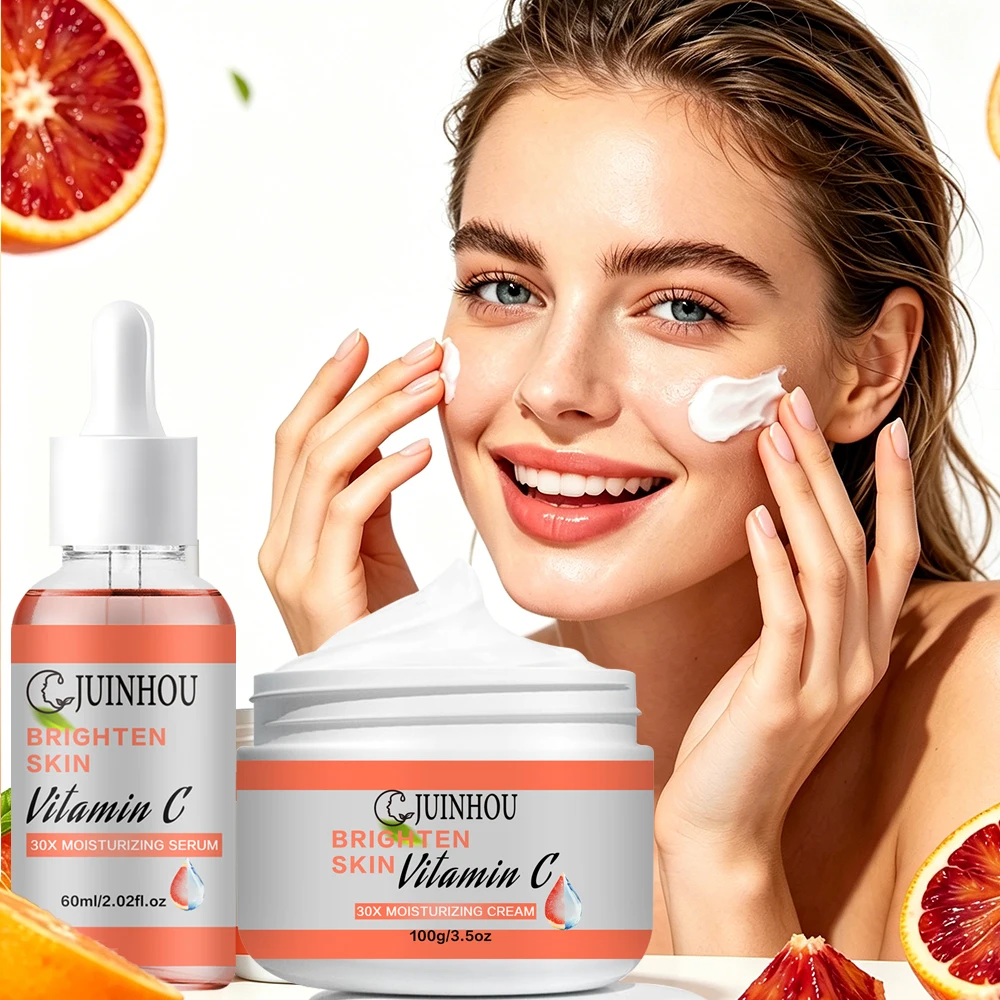 Conjunto de Creme e Sérum de Cuidado da Pele com Vitamina C JUINHOU, Ilumina, Hidrata, Controla a Oleosidade, Melhora o Tom de Pele Irregular para Pel