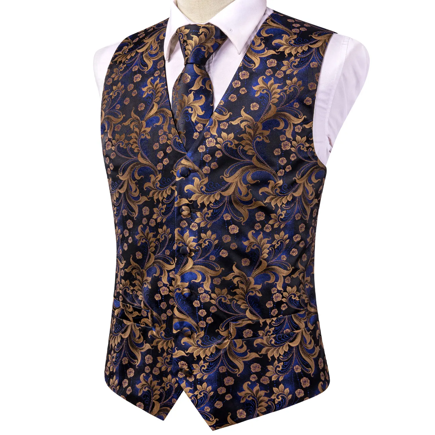 Navy Gold Scroll Jacquard V-Ne - Pocket Square Set 评论和价格