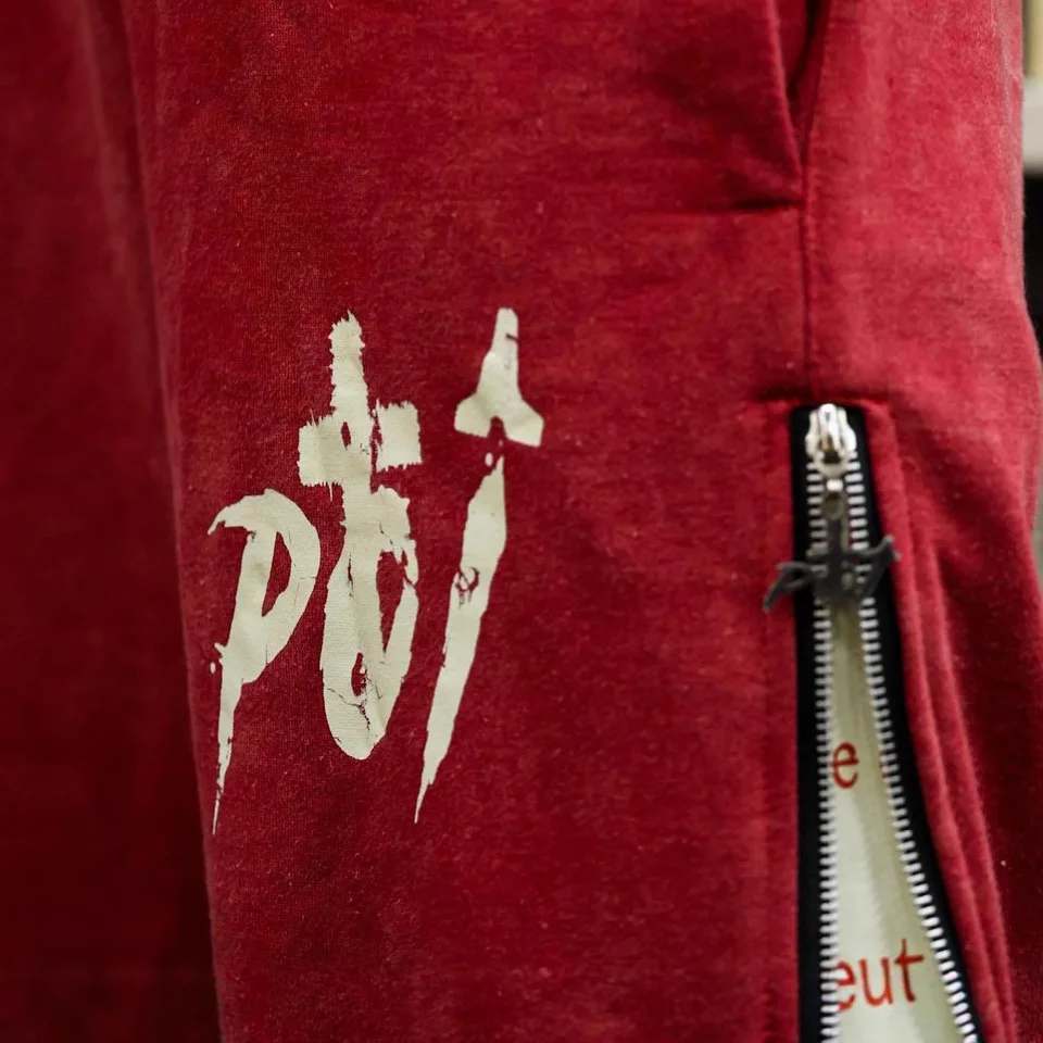 

Y2K E-Girl Burgundy Washed Pants Women Side Zipper Gothic Religious Print Distressed Wide Leg Joggers 2026 Women's Clothing