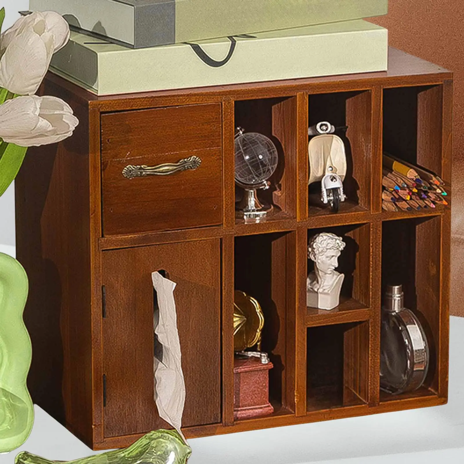 

Wood Storage Cabinet Compartment Storage Box with Tissue Box Storage Shelf Organizer for Bedroom