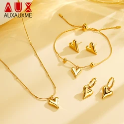 Auxauxme Simple Trendy Heart Earring Bracelet Necklace Set for Women Gold Color Charm Pendant Fashion Party Wedding Jewelry Gift