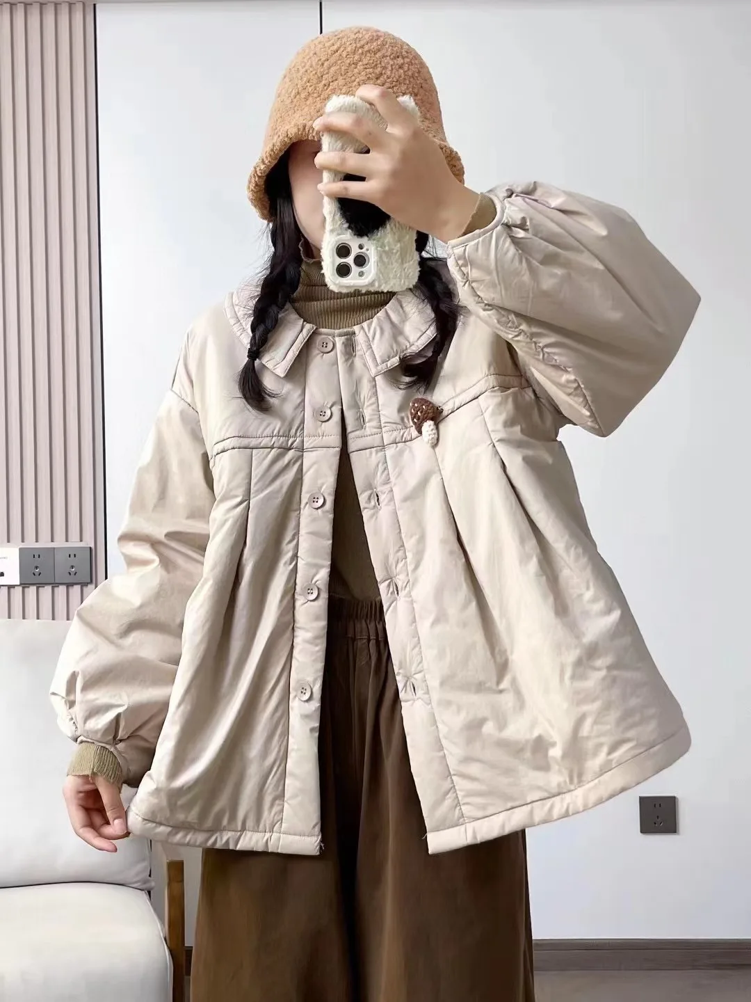 Novo casaco acolchoado de algodão de inverno 2025, feminino peter pan colarinho sólido, mori menina redução de idade chique quente solto outerwear c5d924cc