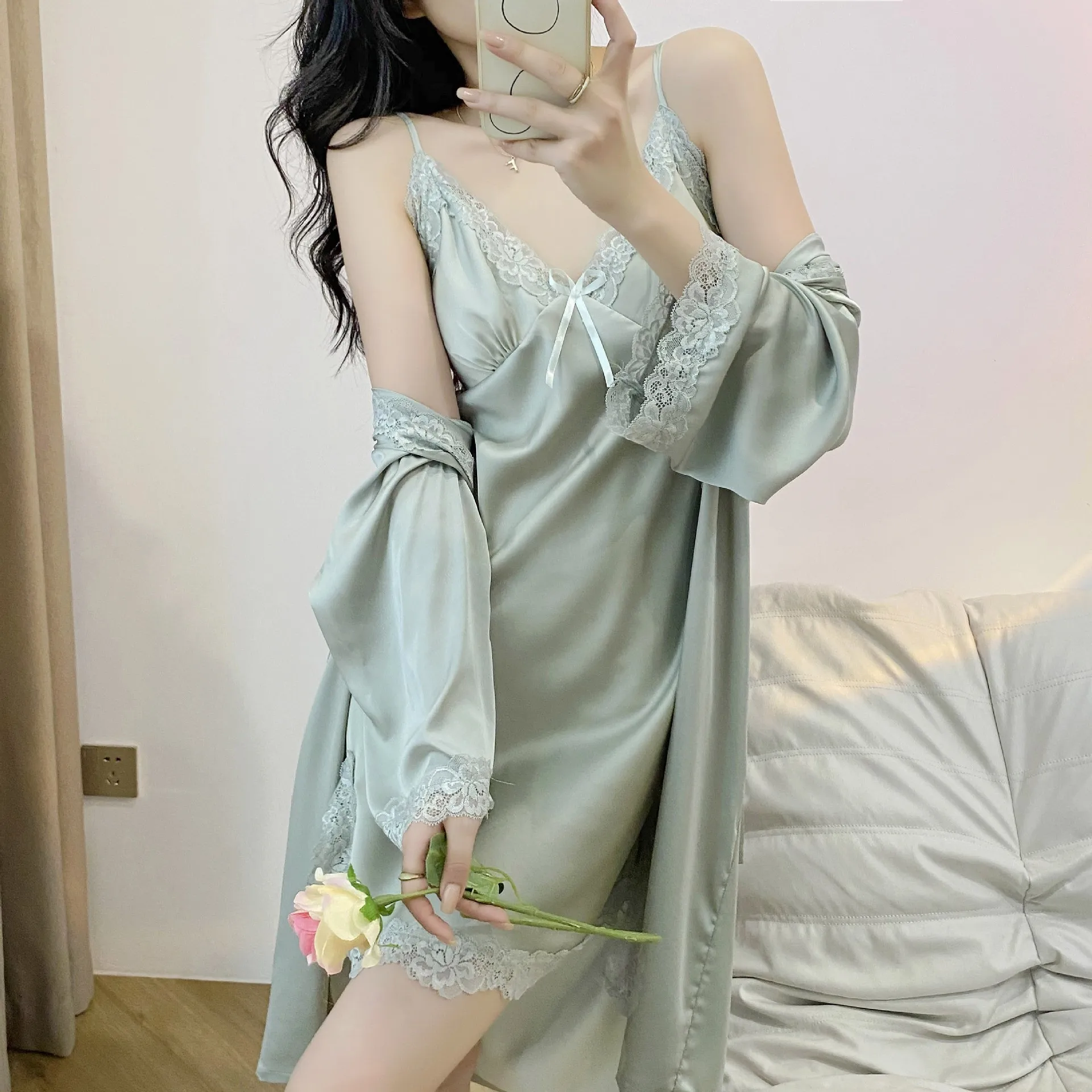 White Silk Satin Bride Bridesmaid Wedding Robe Female Suspender Nightgown Sleepwear Spring Summer Loose Home Dress Loungewear