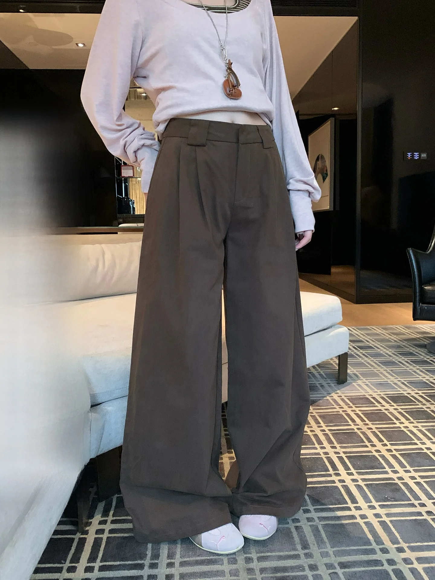 

Повседневные женские брюки кофейного цвета с плиссировкой, прямые, с высокой талией, широкие, длинные в пол, в корейском стиле, весна-лето