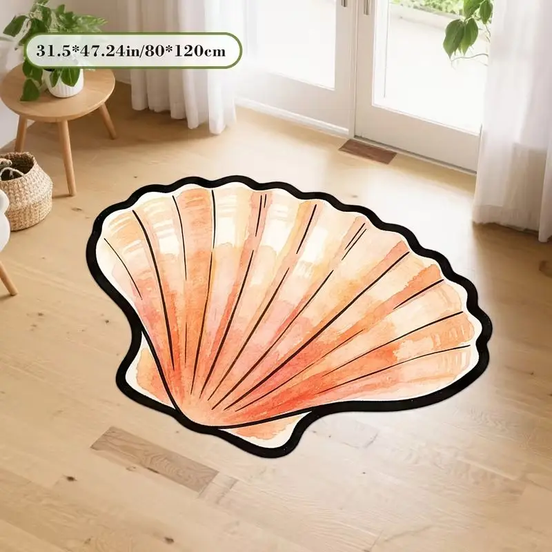 VIKAMA Beach Coastal Scallop Shell Bath Mat Orange Watercolor Seashell Shape Rug for Bathroom Bedroom Nautical Home Decor