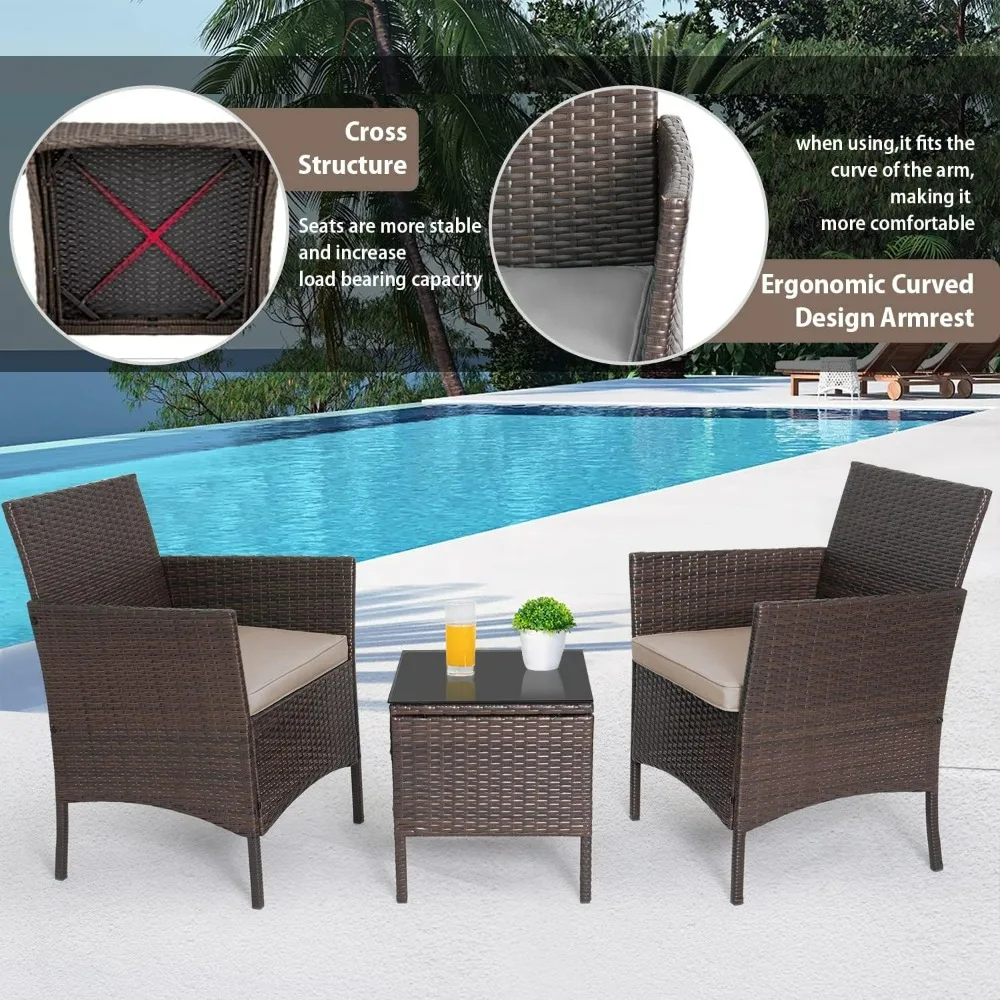 3-Piece Outdoor PE Rattan Wicker Conversation Bistro Set - 2 Chairs 2 Cushions 1 Coffee Table for Yard Garden Patio
