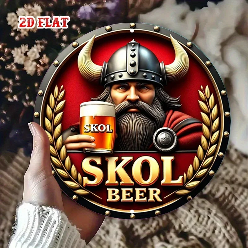 Placa de Metal de Alumínio Plana 2D, 1 unidade, Marca Skol, Placa Redonda de Alumínio com Capacete Viking, Tema Bebida Festiva, 7.87X7.87 Redondo Al