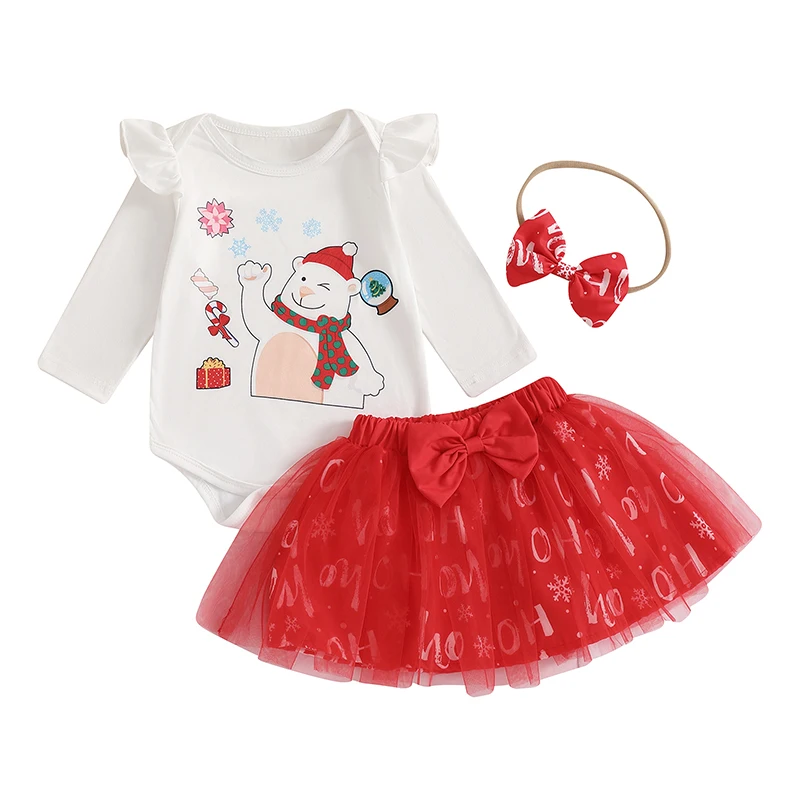 

Baby Girls Christmas Outfits with Bow Headband Bear Pattern Crew Neck Long Sleeve Fall Infant Romper and Skirt Sets