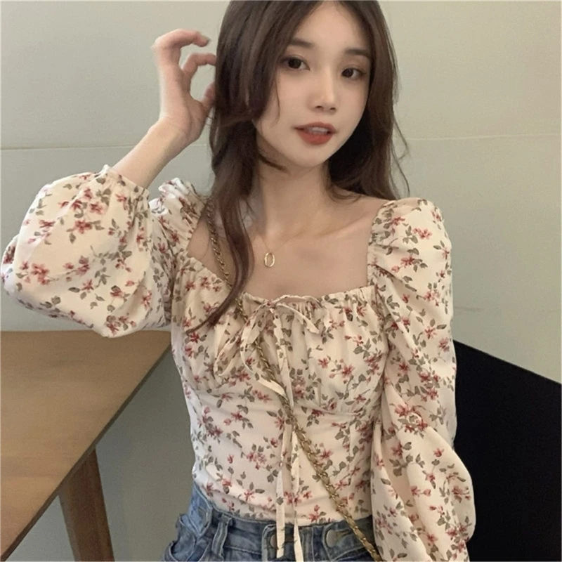 Women\'s Floral Tie Front Crop Tops Square Neck Puff Long Sleeve T Shirt Blouse