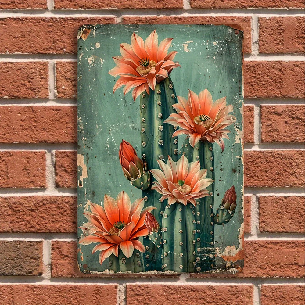 Pintura em Metal 2D: 1 Peça de Placa Metálica Pintada, Decoração de Parede com Design de Cacto, Rosa Silvestre e Plantas