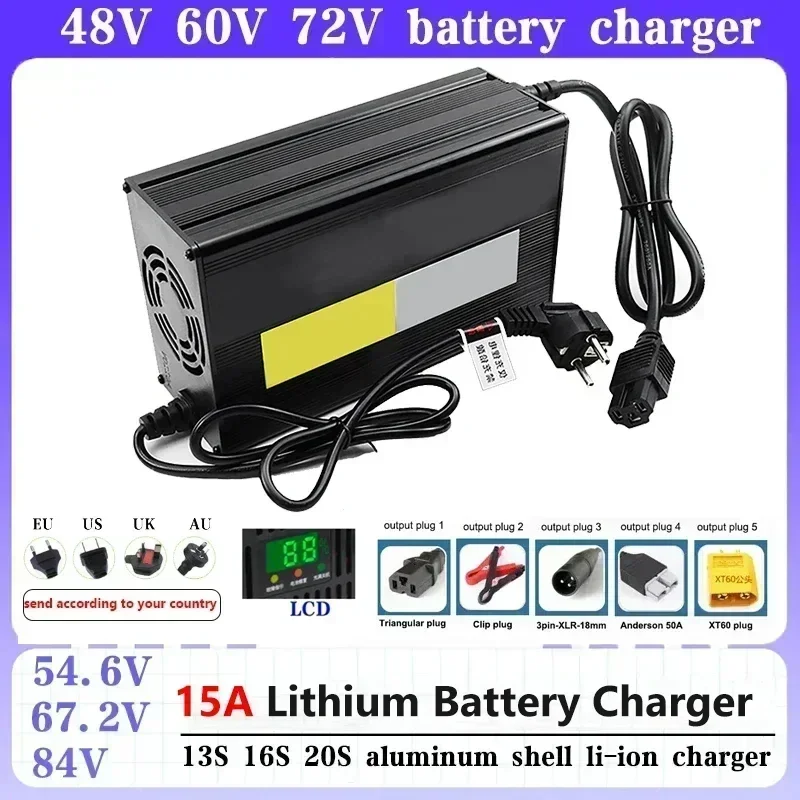 Smart Battery Charger 15A Lithium Batter-y Charger Aluminum Shell For 54.6V 67.2V 84V 13S 16S 20S 48V 60V 72V Fast Charges