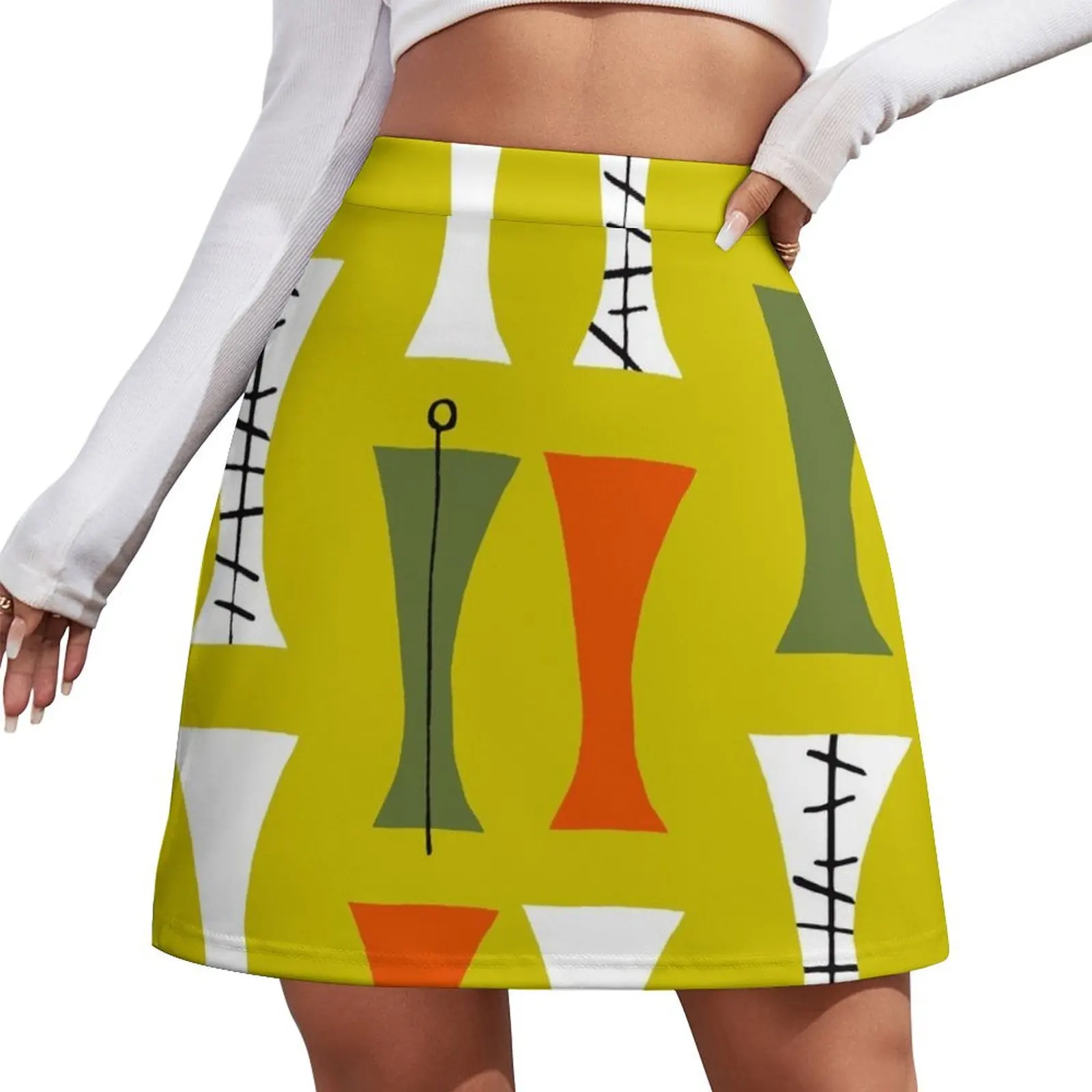 

Mid-Century Modern Olive, Tangerine And Mustard Colored Pattern Mini Skirt skirts for woman extreme mini dress Mini Skirt