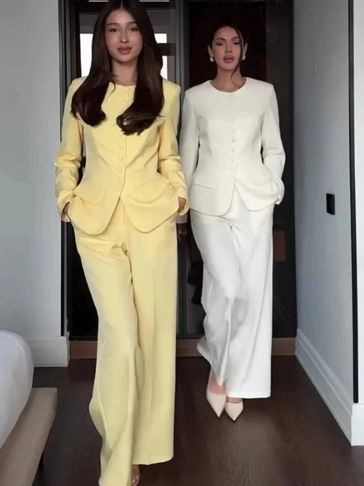 

Button Coat Long Pants Woman Set O-neck Waist Cinched Coats High Waist Straight Trousers Casual Women Commute Solid Color Suits