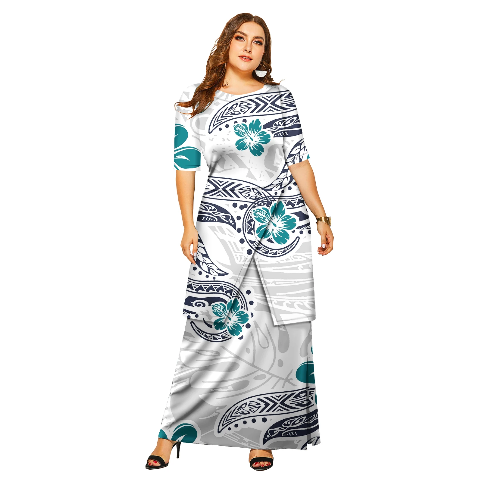 Women's Dress Design Hawaiian Tropical Style Short Sleeve Puletasi Samoan Dress 2 Piece Set Island Dress