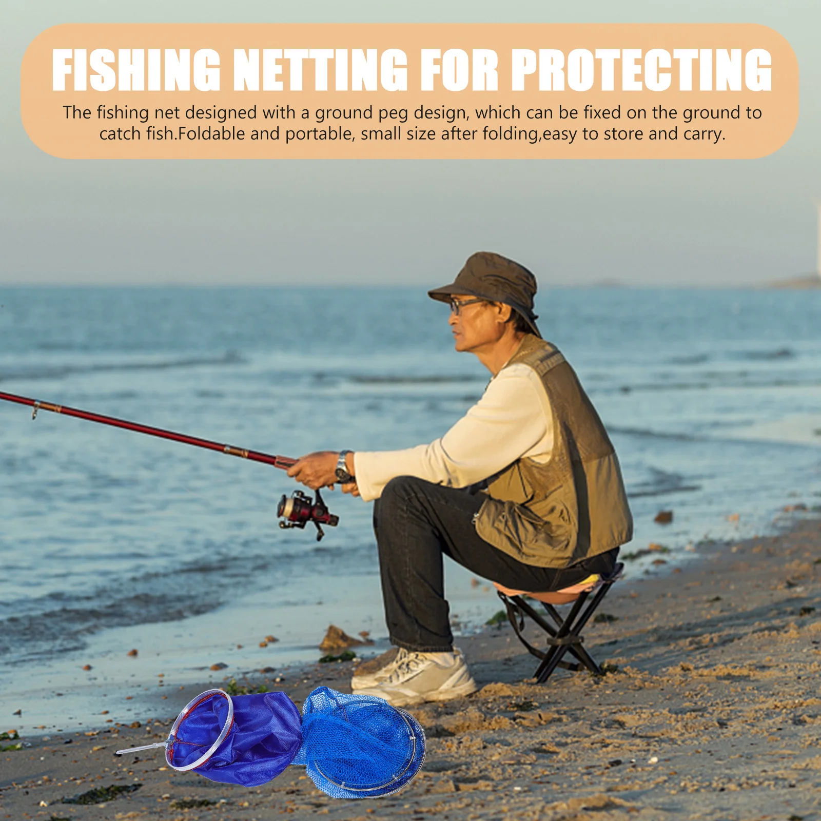 

Portable Foldable Nylon Fish Guard Net Stainless Steel Collapsible Fishing Storage Basket Ground Peg Durable Netting