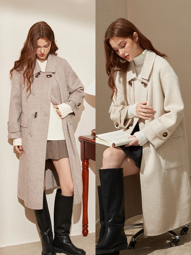 

Ele Women's Double-Faced Woolen Rabbit Hair Silk Blend Coat Korean Sle Straight Cut Long Sve Warm Casual Commute