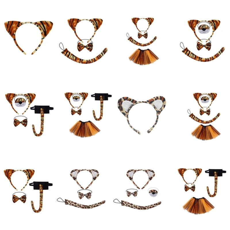 Kids Animal Costume Set with Headband Tail Bowtie Nose Skirt Halloween Animal Dress up Outfit Leopard Costume Accessory