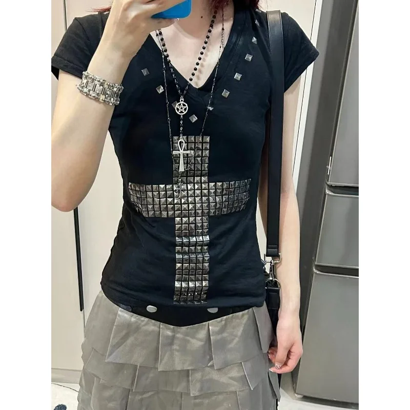 Vintage Y2k Harajuku V-neck Short Sleeves T-shirt Women's Summer Cross-embellished Rhinestone Punk T-shirt Fitted Top Trendy